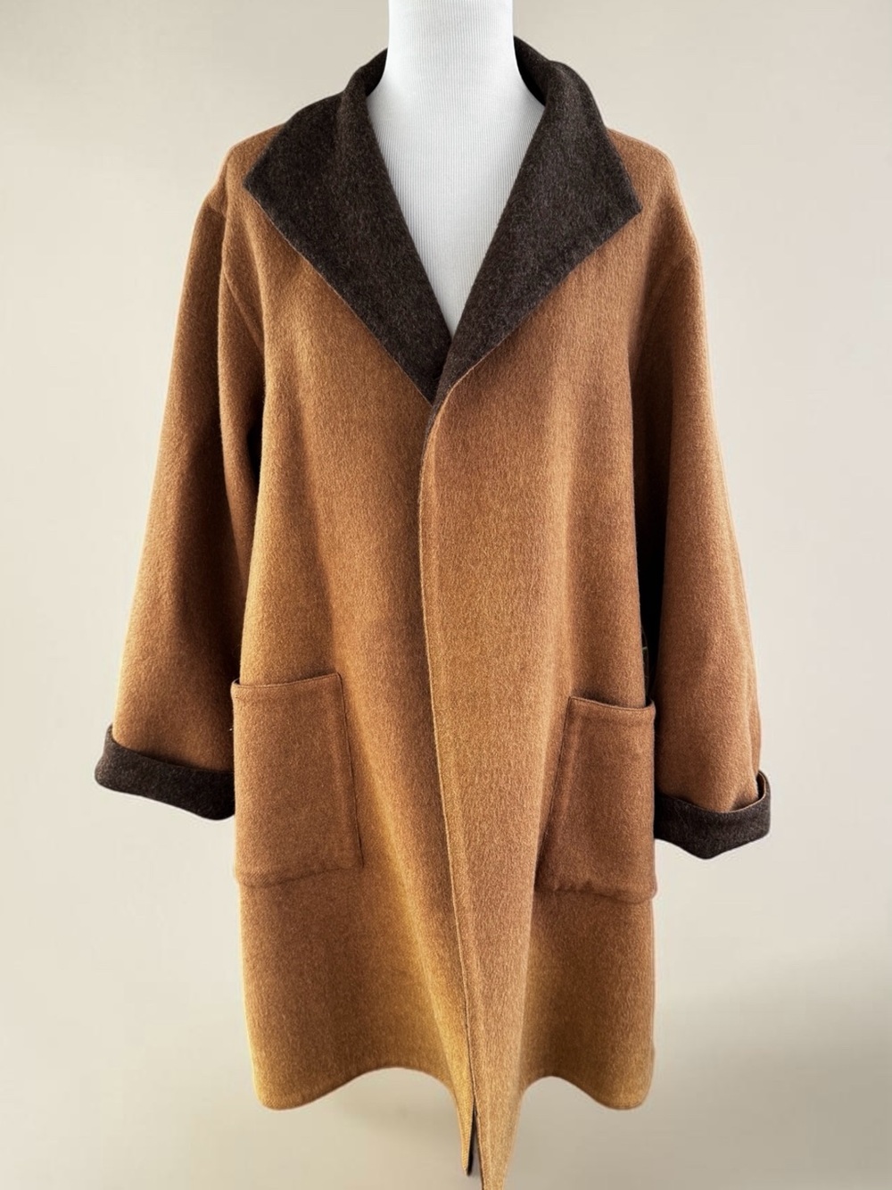 Reversible Brown/Camel Alpaca Wool Blend Coat Size Women's Large Soft Oversized - Picture 2 of 15